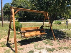 5 ft. Low Back Porch Swing with 9 ft. A-Frame Quality Patio Furniture Handcrafted by Jack Hudson (830) 367-3848