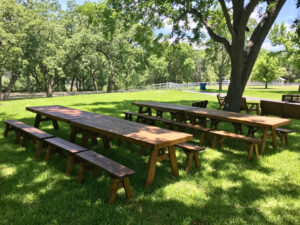 6 ft. Heavy Duty Picnic Tables with 6 ft. Separate Benches lined up to make an 18 ft. table perfect for your family reunion Quality Patio Furniture Handcrafted by Jack Hudson (830) 367-3848