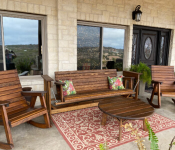 Quality Patio Furniture 5 ft. Glider displayed with Wide and Regular Rocking Chairs with 46” Round Coffee Table Handcrafted by Jack Hudson (830) 367-3848 5 ft. Glider displayed with Wide and Regular Rocking Chairs with 46” Round Coffee Table Quality Patio Furniture Handcrafted by Jack Hudson (830) 367-3848