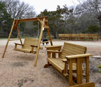 Quality Patio Furniture - Choose a Porch Swing with A-Frame or a Glider with a low profile frame Handcrafted by Jack Hudson (830) 367-3848 5 ft. Porch Swing hanging from 9 ft. A-Frame shown along side a 5 ft. Glider on a low profile frame Quality Patio Furniture Handcrafted by Jack Hudson (830) 367-3848