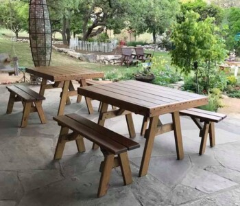 Quality Patio Furniture 4 ft. Heavy Duty Picnic Tables with two 4 ft. Separate Benches. Perfectly sized for four adults.
Handcrafted by Jack Hudson (830) 367-3848 4 ft. Heavy Duty Picnic Table with two 4 ft. Separate Benches Two sets shown on a patio. Quality Patio Furniture Handcrafted by Jack Hudson (830) 367-3848