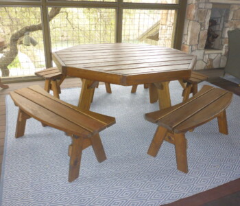 Quality Patio Furniture Octagon Picnic Table with Separate Benches Handcrafted by Jack Hudson (830) 367-3848 Octagon Picnic Table with Separate Benches in an indoor screened in patio Quality Patio Furniture Handcrafted by Jack Hudson (830) 367-3848