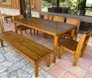 Quality Patio Furniture 6 ft. Outdoor Dining Table - Roarke Style with five Curved Seat Dining Chairs on one side of the table and one 6 ft. Courtside Bench Handcrafted by Jack Hudson (830) 367-3848 6 ft. Outdoor Dining Table - Roarke Style with five Curved Seat Dining Chairs and one 6 ft. Courtside Bench Quality Patio Furniture Handcrafted by Jack Hudson (830) 367-3848