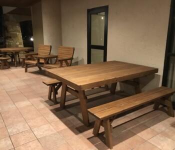 Quality Patio Furniture 6 ft. Heavy Duty Picnic Table with Separate Benches Handcrafted by Jack Hudson (830) 367-3848 6 ft. Heavy Duty Picnic Table with Separate Benches, Side by Side Deck Chairs and Octagon Picnic Table with Separate Benches on a tile porch... Quality Patio Furniture Handcrafted by Jack Hudson (830) 367-3848