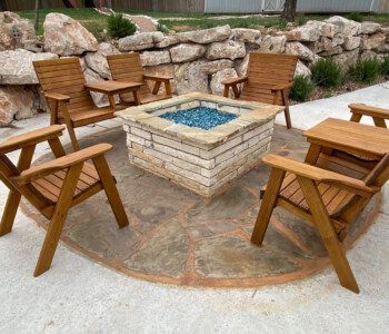 Quality Patio Furniture Side by Side Chairs Handcrafted by Jack Hudson (830) 367-3848 Side by Side Deck Chairs with Regular Deck Chairs around an artistic square firepit Quality Patio Furniture Handcrafted by Jack Hudson (830) 367-3848