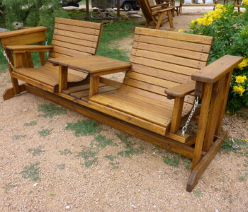 Quality Patio Furniture The Wide Side by Side Glider features a low profile stand. Handcrafted by Jack Hudson (830) 367-3848 Wide Side by Side Glider sitting in front of an Esperanza flowering bush. Quality Patio Furniture Handcrafted by Jack Hudson (830) 367-3848