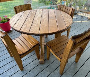 Quality Patio Furniture handcrafted Round Picnic Table with Curved Seat Dining Chairs seats 4 (830) 367-3848 Quality Patio Furniture Round Picnic Table with Curved Seat Dining Chairs seats 4