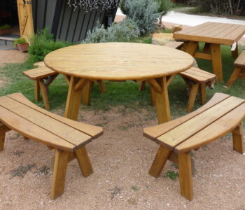 Quality Patio Furniture Round Picnic Table with Separate Benches seats 8 adults. (830) 367-3848 Quality Patio Furniture Round Picnic Table with Separate Benches seats 8 adults