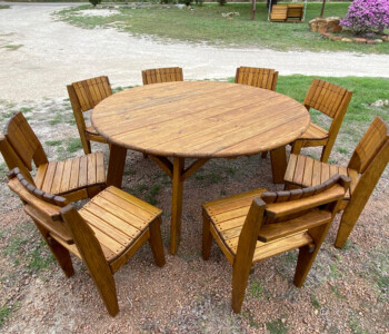 Quality Patio Furniture Handcrafted Round Picnic Table with 8 curved Seat Dining Chairs (830) 367-3848 Quality Patio Furniture Round Picnic Table with 8 curved Seat Dining Chairs